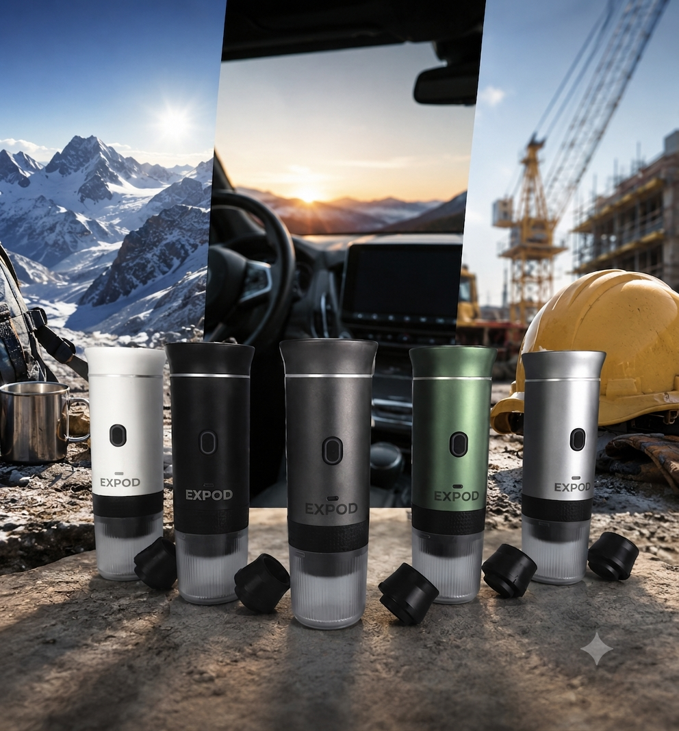 EXPOD Machine Espresso Portable — 5 coloris sur chantier