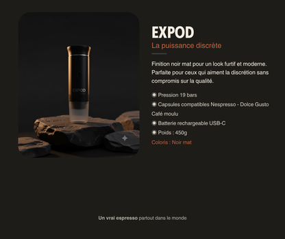 EXPOD coloris Noir Mat — machine espresso portable USB-C