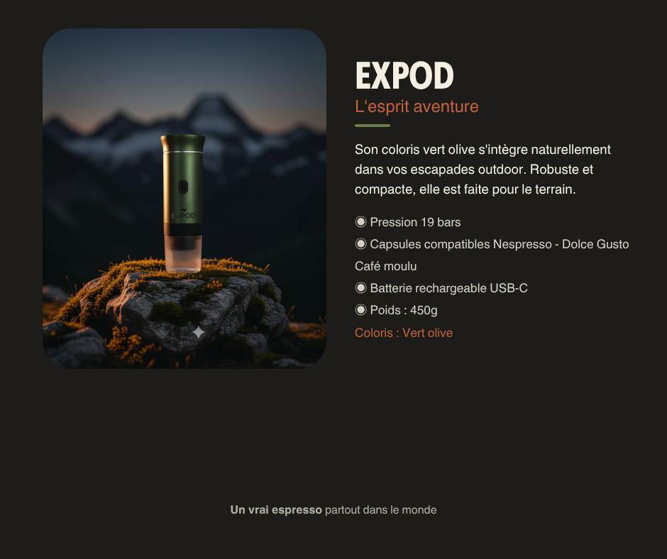EXPOD coloris Argent — machine espresso portable USB-C